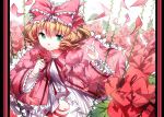  1girl blonde_hair bow crying crying_with_eyes_open doll_joints dress flower green_eyes hair_bow hina_ichigo juliet_sleeves long_sleeves open_clothes open_coat petals puffy_sleeves red_rose rose rosele rozen_maiden smelling_flower solo tears vines white_dress 