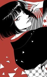  63roku63 black_eyes black_hair black_kimono blunt_bangs bob_cut hand_fan highres holding holding_fan hunter_x_hunter japanese_clothes kalluto_zoldyck kimono long_sleeves mole mole_under_mouth paper_fan short_hair simple_background 