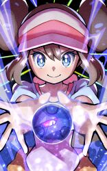  1girl blue_eyes blush brown_hair double_bun hair_bun hat highres inana_umi long_hair orb outstretched_hand pokemon pokemon_bw2 raglan_sleeves rosa_(pokemon) shirt smile solo twintails visor_cap zekrom 