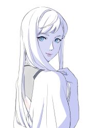  1girl blue_eyes closed_mouth gigi_andalusia gundam gundam_hathaway's_flash highres lips long_hair looking_at_viewer monochrome simple_background smile solo spot_color white_background 
