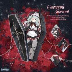  1girl apron artist_request bat_hair_ornament belt belt_buckle black_background black_belt black_capelet black_corset black_hairband black_skirt black_sleeves black_thighhighs black_wrist_cuffs blunt_bangs breasts buckle capelet center_frills chain character_name circle_skirt close-up coffin copyright_name corset covenant_servant_(miracle_nikki) detached_sleeves english_text floating_clothes flower frilled_apron frilled_capelet frilled_hairband frilled_skirt frilled_wrist_cuffs frills full_body gothic_lolita green_hair hair_ornament hairband happy highres lace-trimmed_thighhighs lace_trim leg_belt light_particles logo lolita_fashion lolita_hairband long_hair long_sleeves looking_at_viewer miniskirt miracle_nikki neck_ribbon nikki_(series) official_art open_mouth red_eyes red_flower red_rose ribbed_thighhighs ribbon ribbon-trimmed_capelet ribbon_trim rose shirt shoulder_belt skirt sleeveless sleeveless_shirt smile snowing solo studded_belt thigh-highs torn_clothes torn_sleeves twintails waist_apron wavy_hair white_apron white_ribbon white_shirt wrist_cuffs 