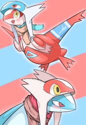  animal_focus blue_scarf blush character_hood claws closed_mouth cosplay highres hood latias latias_(cosplay) latios latios_(cosplay) no_humans open_mouth pink_scarf pokemon pokemon_(creature) pokemon_focus red_eyes red_scarf scarf smile watashihae yellow_eyes 