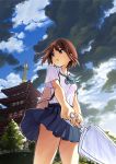  1girl :o backpack bag bangs bare_legs bookbag bow brown_eyes brown_hair cloudy_sky collared_shirt looking_away looking_over_shoulder miniskirt original pleated_skirt shirt short_hair skirt skirt_lift sky solo standing tree umbrella white_shirt white_umbrella wind_lift 
