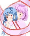  2girls :o arm_holding blue_hair blush bust closed_eyes hinanawi_tenshi hug hug_from_behind lavender_hair long_hair looking_at_viewer multiple_girls nagae_iku no_hat red_eyes shawl shimazaki_(shimanana77) short_hair simple_background smile tears touhou white_background yuri 