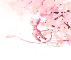  1other animal blue_eyes cat check_commentary cherry_blossoms commentary_request floating highres looking_up mew mew_(pokemon) no_humans petals pokemon pokemon_(creature) pokemon_focus solo su_(sajo_su5) tree wallpaper white_background 