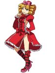  1girl blonde_hair blue_eyes bow breasts dress drill_hair em_crazy finger_to_mouth gaap hand_on_hip hat high_heels kneehighs sideboob striped striped_legwear umineko_no_naku_koro_ni 