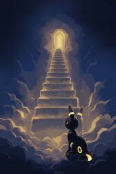  animal_focus black_fur colored_sclera full_body highres merino_(merino_9999) no_humans pokemon pokemon_(creature) pokemon_focus red_eyes red_sclera sitting solo stairs tail umbreon 