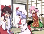  3girls air_conditioner bandages bat_wings bow brown_hair double_bun fang hair_bow hair_tubes hakurei_reimu hat ibaraki_kasen leon_7 long_hair multiple_girls open_mouth pink_hair purple_hair raijuu red_eyes remilia_scarlet shaded_face short_hair skirt skirt_set smile sweatdrop touhou wings 