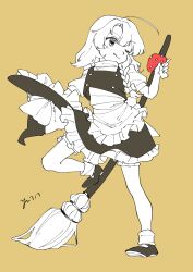  1girl absurdres apron back_bow bloomers bow braid buttons cindy717 commentary_request foot_up frilled_apron frilled_skirt frills full_body hair_bow hat hat_bow highres holding holding_mushroom holding_unworn_clothes holding_unworn_hat kirisame_marisa knees licking_lips long_hair mary_janes mushroom one_eye_closed shirt shoes signature single_braid skirt solo tongue tongue_out touhou unworn_hat unworn_headwear vest witch_hat yellow_background 