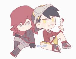  2boys black_gloves boots chibi chibi_only closed_mouth commentary ethan_(pokemon) gloves goggles goggles_on_headwear grey_eyes grey_pants jacket jiugong_chi long_hair male_focus multiple_boys no_pupils pants poke_ball poke_ball_(basic) pokemon pokemon_adventures red_hair red_jacket shoes shorts silver_(pokemon) sitting socks symbol-only_commentary twitter_username yellow_shorts 