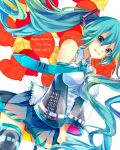  1girl 2013 aqua_hair balloon character_name dated detached_sleeves floating_hair grin happy_birthday hatsune_miku highres isagot long_hair necktie see-through skirt smile solo thigh-highs twintails very_long_hair vocaloid white_background 
