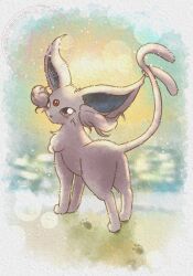  animal_focus baya_(sakura_mint) blush colored_sclera espeon forehead_jewel forked_tail full_body gem highres looking_at_viewer no_humans pokemon pokemon_(creature) pokemon_focus purple_fur purple_sclera red_gemstone solo sun tail violet_eyes 