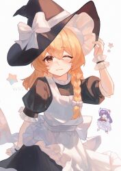  2girls absurdres apron artist_name back_bow black_hat black_shirt black_skirt blonde_hair blush book bow braid chibi cindy717 closed_mouth commentary_request cowboy_shot dress frilled_wrist_cuffs frills hair_bow hand_on_headwear hat hat_bow highres holding holding_book jitome kirisame_marisa lips long_hair looking_at_viewer mob_cap multiple_girls one_eye_closed open_book patchouli_knowledge purple_dress purple_hair purple_hat shirt single_braid skirt star_(symbol) touhou violet_eyes white_apron white_background white_bow witch_hat wrist_cuffs yellow_eyes 