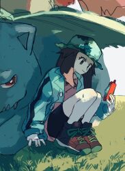  1girl 2enn3n bike_shorts brown_hair closed_mouth day eyelashes grass green_hat hat highres holding holding_phone leaf_(pokemon) leaf_(sygna_suit)_(pokemon) legs_together long_hair looking_down official_alternate_costume outdoors phone pokemon pokemon_(creature) pokemon_masters_ex poryphone shirt shoes sidelocks sitting smile venusaur 