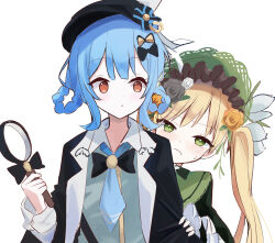  2girls black_capelet black_flower black_hat black_rose blonde_hair blue_eyes braid braided_hair_rings capelet deerstalker detective flower green_eyes hair_rings hairband hand_on_another&#039;s_arm hat hiding hiding_behind_another highres holding holding_magnifying_glass keise1018 lolita_fashion lolita_hairband long_hair magical_girl magnifying_glass mahou_shoujo_no_majo_saiban multiple_girls orange_eyes rose short_hair simple_background sweatdrop tachibana_sherry toono_hanna twintails very_long_hair white_background white_flower white_rose yellow_flower yellow_rose 