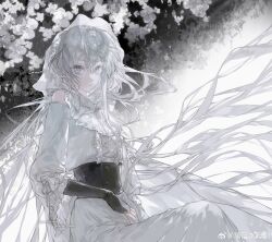 1girl absurdres bare_shoulders black_gloves blue_eyes corset detached_sleeves dress fingerless_gloves flower frilled_sleeves frills gloves grey_eyes hair_between_eyes hair_ornament heilanshuimuchu highres hood long_hair long_sleeves looking_at_viewer original sitting solo veil very_long_hair watermark weibo_username weibo_watermark white_dress white_flower white_hair white_veil 