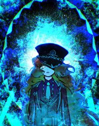  1girl absurdres aiguillette aqua_necktie black_coat black_hat black_vest blind_obsession_(e.g.o) blue_background coat collared_shirt e.g.o_(project_moon) epaulettes fluorescent_lamp freckles hat highres ishmael_(project_moon) limbus_company long_hair looking_at_viewer necktie orange_hair peaked_cap project_moon shima00401 shirt simple_background solo standing upper_body vest white_eyes 