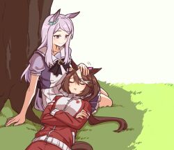  2girls animal_ears aqua_bow blush bow brown_hair closed_eyes closed_mouth crossed_arms dumd ear_bow ear_ribbon grass hair_between_eyes high_ponytail highres horse_ears horse_girl horse_tail jacket lap_pillow long_hair long_sleeves mejiro_mcqueen_(umamusume) multicolored_hair multiple_girls open_mouth outdoors pants parted_lips ponytail puffy_short_sleeves puffy_sleeves purple_hair purple_serafuku purple_shirt purple_skirt red_jacket red_pants red_track_suit sailor_collar sailor_shirt school_uniform serafuku shade shirt short_sleeves sitting skirt sleeping smile streaked_hair tail tokai_teio_(umamusume) tracen_school_uniform tracen_training_uniform track_jacket track_pants track_suit tree tree_shade two-tone_hair umamusume violet_eyes white_hair white_sailor_collar white_skirt yokozuwari 