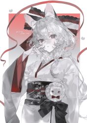  1girl absurdres animal_ear_fluff animal_ears black_bow bow closed_mouth gradient_background grey_hair hair_between_eyes hair_bow hand_up heilanshuimuchu highres japanese_clothes kimono long_hair long_sleeves looking_at_viewer obi original red_bow red_eyes red_ribbon ribbon sash solo string striped_bow white_kimono wide_sleeves 