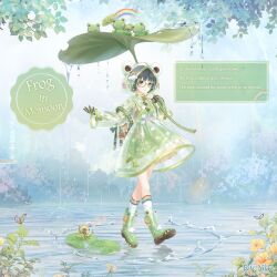  1girl animal_costume animal_ear_footwear animal_hood artist_request black_gloves black_hair blunt_bangs boots brown_eyes bug bush butterfly buttons character_name closed_mouth clouds cloudy_sky copyright_name day dot_nose english_text flower frog frog_costume frog_hood frog_in_monsoon_(miracle_nikki) full_body glasses gloves green-framed_eyewear green_boots green_raincoat green_shirt green_skirt happy holding holding_umbrella hood hood_up hooded_coat kneehighs knees lake leaf_umbrella light_blush light_rays lily_pad logo looking_at_viewer miracle_nikki nikki_(series) official_art outdoors outstretched_hand pleated_skirt polka_dot polka_dot_coat rain rainbow_hat_ornament rainbow_print raincoat reflection reflective_water round_eyewear rubber_boots see-through_clothes see-through_raincoat shirt short_hair skirt sky smile socks solo sunlight tree umbrella umbrella_over_shoulder walking walking_on_liquid water_drop white_butterfly white_socks yellow_butterfly yellow_flower 