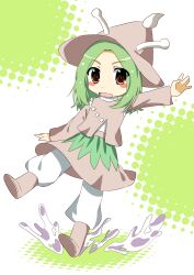 1other 2000s_(style) absurdres amanomori_shou androgynous anime_coloring antennae baggy_pants blush_stickers boots brown_boots brown_eyes brown_hat brown_skirt brown_sleeves brown_vest detached_sleeves dot_nose faux_retro_artstyle full_body green_background green_hair halftone hat highres kurokoge_karubi len&#039;en long_hair long_sleeves miniskirt open_mouth other_focus outstretched_arm pants pants_under_skirt shirt skirt slime_(substance) smile solo tareme two-tone_background vest white_background white_pants white_shirt 