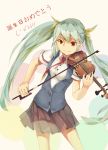  1girl absurdres gensou_kuro_usagi green_hair happy_birthday hatsune_miku highres instrument long_hair necktie playing_instrument red_eyes skirt solo twintails very_long_hair violin vocaloid 