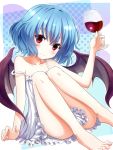  1girl bare_shoulders barefoot bat_wings blue_hair blush cup glass looking_at_viewer mount_whip off_shoulder red_eyes remilia_scarlet short_hair sitting smile solo touhou wine_glass wings 