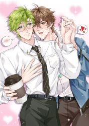  ahoge belt black_belt black_necktie black_pants brown_hair brown_pants chinese_commentary commentary cowboy_shot cup disposable_coffee_cup disposable_cup eiden_(nu_carnival) glasses green_eyes green_hair hair_between_eyes hand_on_another&#039;s_chest heart highres holding holding_cup holding_hands male_focus necktie nu_carnival olivine_(nu_carnival) open_mouth pants pinstripe_necktie short_hair smile speech_bubble spoken_blush spoken_heart teeth upper_teeth_only xun1948637 