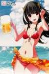  1girl alcohol beach beer beer_mug bikini black_hair hinomoto_oniko horns long_hair oohenri_saki original red_eyes swimsuit 