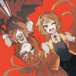  2girls ahoge black_pants black_vest blue_eyes bow bowtie brown_bow brown_bowtie brown_coat brown_eyes brown_hair coat collared_shirt green_bow green_bowtie hair_ornament hairband hairclip highres hod_(project_moon) library_of_ruina long_hair long_sleeves looking_at_another looking_at_viewer malkuth_(project_moon) multiple_girls nakame77 one_eye_closed open_mouth pants project_moon red_background red_hairband shirt simple_background upper_body vest white_shirt 