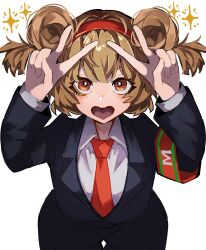  alternate_hairstyle armband black_jacket black_pants brown_eyes brown_hair collared_shirt double_bun hair_bun hairband heart-shaped_mouth highres jacket lobotomy_corporation long_sleeves looking_at_viewer malkuth_(project_moon) nakame77 necktie open_mouth pants project_moon red_armband red_hairband red_necktie shirt short_hair short_twintails simple_background solo standing twintails upper_body v white_background white_shirt 