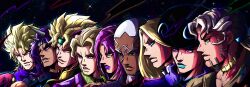  6+boys absurdres acca_howler araki_hirohiko_(style) battle_tendency beard black_eyes black_necktie blonde_hair blue_eyes blue_lips brown_shirt buzz_cut closed_mouth coat collared_shirt colored_eyelashes dark-skinned_male dark_skin diamond_wa_kudakenai diavolo dio_brando earrings english_commentary enrico_pucci facial_hair fangs frown funny_valentine green_eyes green_headband green_shirt grey_hair grin group_picture headband highres horns in-franchise_crossover jacket jewelry jojo_no_kimyou_na_bouken jojolion kars_(jojo) kira_yoshikage long_hair makeup male_focus messy_hair multiple_boys necklace necktie noonvincent parted_lips phantom_blood pink_coat pink_hair ponytail purple_hair purple_jacket purple_lips purple_scarf purple_shirt red_shirt scarf serious shirt short_hair sky smile star_(sky) stardust_crusaders starry_sky steel_ball_run stone_ocean striped_clothes striped_shirt teeth the_jojolands time_paradox tooru_(jojolion) vampire vento_aureo very_short_hair violet_eyes white_eyelashes white_hair yellow_eyes 