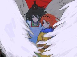  2others androgynous bird_wings black_eyes black_hair black_hat closed_mouth cowboy_shot detached_sleeves expressionless eye_of_senri feathered_wings floating_hair green_kimono hair_between_eyes hair_rollers hairband haori happy hat hat_ribbon highres jacket japanese_clothes kariginu kimono layered_sleeves len&#039;en light_frown long_sleeves looking_at_viewer looking_back multiple_others nami_oto orange_eyes orange_hair orange_jacket other_focus oversized_wings purple_scarf red_background red_hairband red_ribbon ribbon scarf senri_tsurubami short_hair smile standing tate_eboshi white_sleeves white_wings wings zuifeng_tenkai 