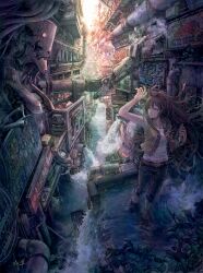  1girl absurdly_detailed_composition alley arm_up armpits belt black_pants brown_hair brown_vest building closed_mouth commentary_request complex_exterior day denim destruction floating_hair flood full_body hand_up highres holding jeans junpei_(juntonanotukunanika) long_hair one_eye_closed open_clothes open_vest original outdoors pants pink_belt robot scenery shirt sign sleeveless sleeveless_shirt solo steampunk vest wading water white_shirt 