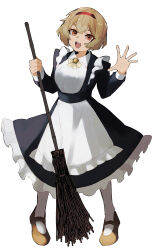  1girl alternate_costume apron black_dress bow bowtie breasts broom brown_eyes brown_hair brown_shoes dress enmaided frilled_apron frills full_body hairband highres holding holding_broom large_breasts lobotomy_corporation long_sleeves looking_at_viewer maid maid_apron maid_headdress malkuth_(project_moon) nakame77 open_mouth pantyhose project_moon red_hairband shoes short_hair simple_background solo standing white_apron white_background white_pantyhose yellow_bow yellow_bowtie 