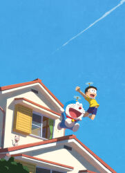  2boys absurdres bell black_hair blue_sky cat contrail doraemon doraemon_(character) flying glasses highres house hyogonosuke jingle_bell jumping multiple_boys neck_bell nobi_nobita open_mouth outdoors outstretched_arm outstretched_arms robot round_eyewear shirt shorts sky smile takecopter whiskers wide_shot window yellow_shirt 