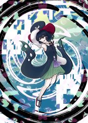  1other abstract_background absurdres androgynous bare_legs bare_shoulders black_coat black_eyes black_hair black_hat coat coattails collared_shirt collared_socks commentary cosplay detached_sleeves dot_nose english_commentary enraku_tsubakura enraku_tsubakura_(cosplay) ex_mugennumaya eye_of_senri floating floating_clothes full_body green_hakama hair_between_eyes hakama hakama_short_skirt hakama_skirt hand_on_headwear hat highres hole japanese_clothes len&#039;en long_sleeves looking_at_viewer neck_ribbon open_mouth other_focus outline red_hat red_ribbon red_sandals ribbon ribbon-trimmed_corset ribbon_trim sandals senri_tsurubami shirt short_hair skirt sleeveless sleeveless_coat sleeveless_shirt smile socks solo spell tabi top_hat torn_clothes torn_coat two-sided_fabric two-sided_headwear white_outline white_shirt white_sleeves white_socks wide_sleeves zouri 