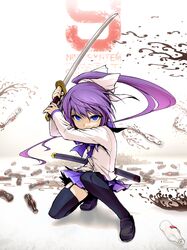  1girl black_legwear blue_eyes bottle bow character_request coca-cola ebizome fighting_stance garters hacker9 hair_bow highres katana loafers long_hair long_sleeves looking_at_viewer ponytail pov pov_eye_contact product_placement purple_hair scabbard school_uniform sheath shoes skirt soda solo sword thighhighs weapon 