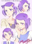  1girl adult alternate_costume alternate_hairstyle blush bracelet dokidoki!_precure earrings hair_ornament hairclip hand_on_own_face jewelry kenzaki_makoto lipstick makeup negom pendant precure purple_hair short_hair smile solo 