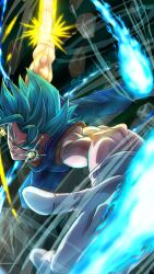  1boy absurdres arm_blade blue_eyes blue_hair blue_pants blue_sash blue_shirt dark_background debris dougi dragon_ball dragon_ball_super earrings energy_ball energy_blade full_body glint gloves hashtag-only_commentary highres jewelry male_focus orange_shirt pants potara_earrings ryo_lovevegito sash shirt solo spiky_hair super_saiyan super_saiyan_blue vegetto weapon white_gloves wind 