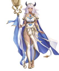  1girl animal_ears ash_(fire_emblem) blue_cape breasts cape capelet cow_ears cow_girl cow_horns cow_tail dark-skinned_female dark_skin fire_emblem fire_emblem_heroes gold_trim highres holding holding_staff horns large_breasts looking_at_viewer non-web_source official_alternate_costume official_art smile solo staff tachi-e tail two-sided_cape two-sided_fabric white_capelet white_hair yellow_eyes 