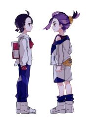  1boy 1girl 2enn3n ahoge backpack bag blue_pants blue_socks braid closed_mouth eye_contact fanny_pack gloves highres jacket juliana_(pokemon) kieran_(pokemon) long_sleeves looking_at_another loose_hair_strand mole mole_on_neck off_shoulder pants pokemon pokemon_sv ponytail purple_hair red_gloves shirt shoes short_ponytail shorts simple_background socks standing white_background white_jacket white_shoes zipper_pull_tab 