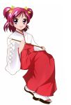  1girl alternate_costume clog_sandals gohei haru_(nature_life) japanese_clothes miko open_mouth pink_hair precure short_hair sitting smile solo twintails two_side_up violet_eyes yes!_precure_5 yumehara_nozomi 