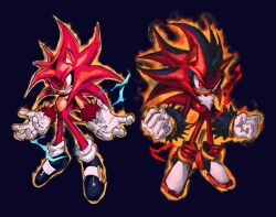 2boys absurdres aura black_background bracelet clenched_hands dragon_ball dragon_ball_daima electricity full_body gloves highres kornart male_focus multiple_boys red_eyes red_fur red_hair shadow_the_hedgehog shoes simple_background smirk sonic_(series) sonic_the_hedgehog super_saiyan super_saiyan_4 two-tone_fur two-tone_hair