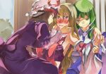  3girls bare_shoulders blush bra cosplay costume_switch detached_sleeves dress eye_contact green_eyes green_hair grin hakurei_reimu hakurei_reimu_(cosplay) hat kochiya_sanae looking_at_another multiple_girls no_hat purple_bra purple_dress saliva saliva_trail skirt smile touhou underwear yakumo_yukari yakumo_yukari_(cosplay) yohane yuri 