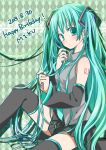  1girl 2013 aqua_eyes aqua_hair argyle argyle_background character_name dated detached_sleeves happy_birthday hatsune_miku long_hair momomochi necktie sitting skirt solo thighhighs twintails very_long_hair vocaloid 