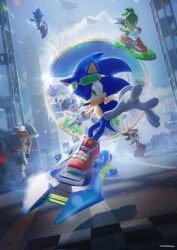 2204design 5boys absurdres aircraft airplane animal_ears animal_nose apotos black_fur blender_(medium) blue_fur blue_sky body_fur building checkered_floor city closed_mouth clouds cloudy_sky day eyewear_on_head flying full_body furry furry_male gloves goggles goggles_on_head green-tinted_eyewear green_eyes hedgehog highres hoverboard jet_the_hawk male_focus metal_harbor metal_sonic multicolored_shoes multiple_boys outdoors red_shoes shadow_the_hedgehog shadow_the_hedgehog_(riders) shoes skates sky skyscraper smile sneakers solo_focus sonic_(series) sonic_racing:_crossworlds sonic_riders sonic_the_hedgehog sonic_the_hedgehog_(riders) sunglasses tail tinted_eyewear tree white_gloves