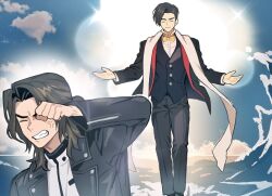  2boys azuma_michinaga black_hair black_jacket black_pants blue_sky bow bowtie brown_hair closed_eyes covering_own_eyes formal_clothes jacket kamen_rider kamen_rider_geats_(series) leather leather_jacket male_focus msk_love_0 multiple_boys ocean pants scarf shirt short_hair sky sleeve_zipper sunlight ukiyo_ace vest water white_shirt 