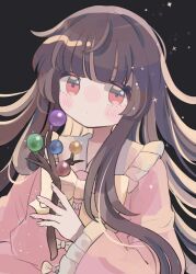  1girl black_background black_hair bow bowtie branch collared_shirt commentary frilled_shirt_collar frilled_sleeves frills hiyuu_(hiyualice) holding holding_branch houraisan_kaguya jeweled_branch_of_hourai long_hair long_sleeves looking_at_viewer pink_shirt red_eyes shirt solo touhou upper_body very_long_hair yellow_bow yellow_bowtie 