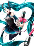  1girl aqua_eyes aqua_hair boots detached_sleeves hatsune_miku headphones high_heels highres long_hair memai microphone nail_polish open_mouth simple_background skirt solo thigh_boots thighhighs twintails very_long_hair vocaloid white_background 